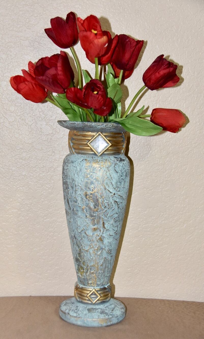 Jaru Art Deco Green and Gold Cast Stone Ceramic Pedestal Vase